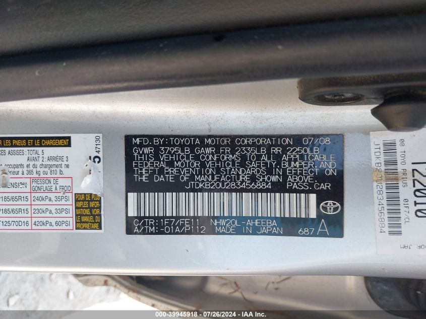 2008 Toyota Prius VIN: JTDKB20U283456884 Lot: 39945918