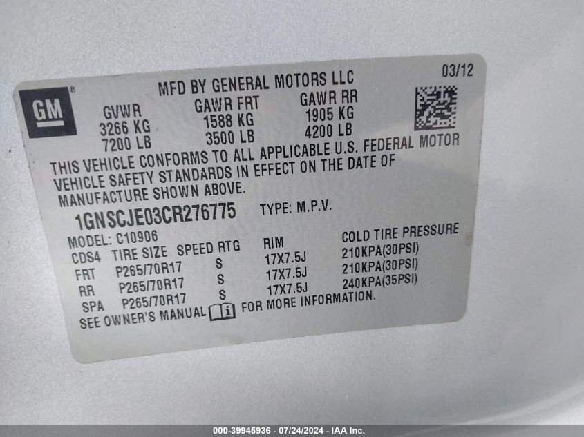 2012 Chevrolet Suburban 1500 Lt VIN: 1GNSCJE03CR276775 Lot: 39945936