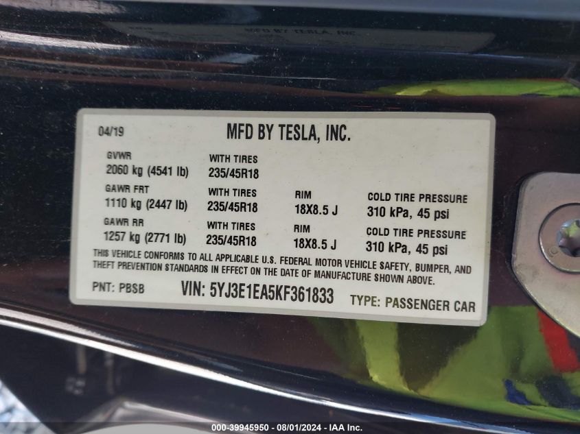 2019 Tesla Model 3 Long Range/Mid Range/Standard Range/Standard Range Plus VIN: 5YJ3E1EA5KF361833 Lot: 39945950