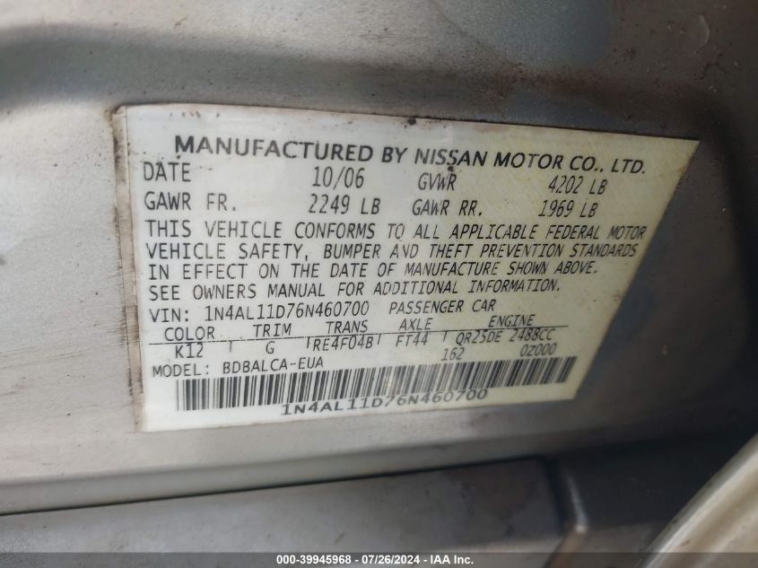 1N4AL11D76N460700 | 2006 NISSAN ALTIMA