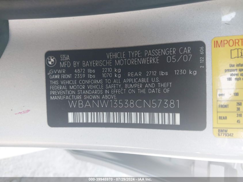 2008 BMW 535I VIN: WBANW13538CN57381 Lot: 39945970