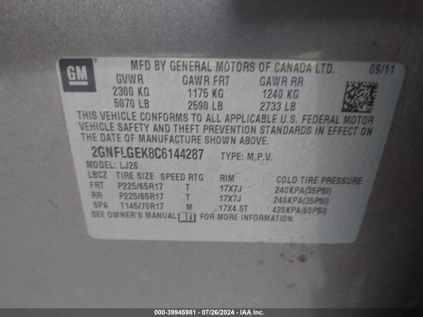 2012 Chevrolet Equinox Ltz VIN: 2GNFLGEK8C6144287 Lot: 39945981