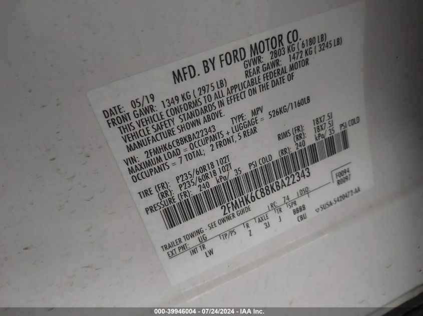 2019 Ford Flex Sel VIN: 2FMHK6C88KBA22343 Lot: 39946004