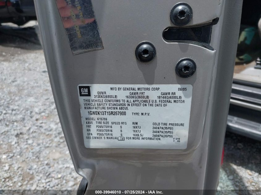 2005 Chevrolet Tahoe Ls VIN: 1GNEK13T15R267900 Lot: 39946010