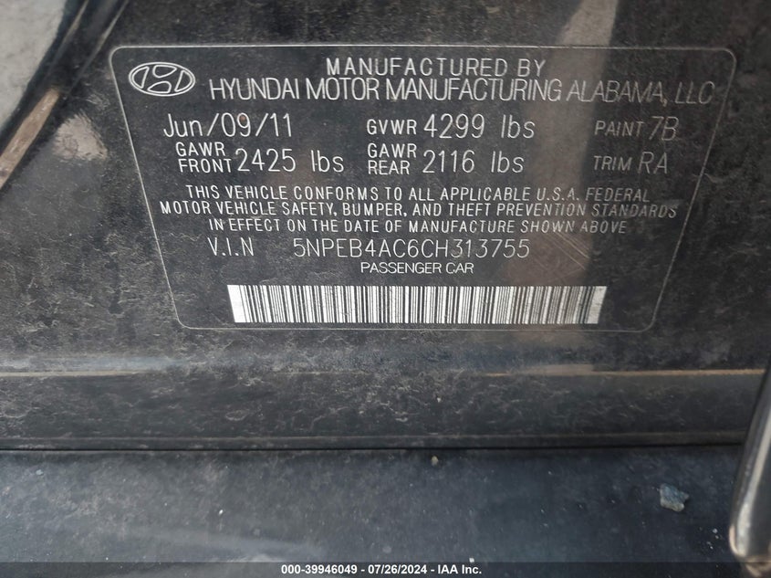 2012 Hyundai Sonata Gls VIN: 5NPEB4AC6CH313755 Lot: 39946049
