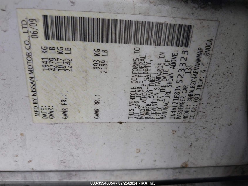 2009 Nissan Altima 2.5/2.5S VIN: 1N4AL21E89N523323 Lot: 39946054