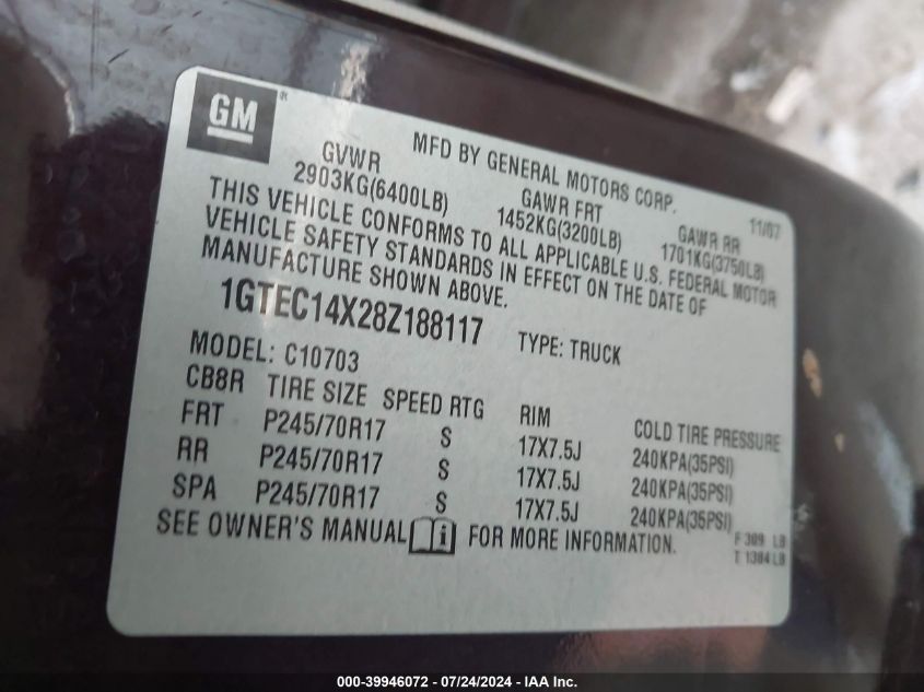 2008 GMC Sierra 1500 Work Truck VIN: 1GTEC14X28Z188117 Lot: 39946072