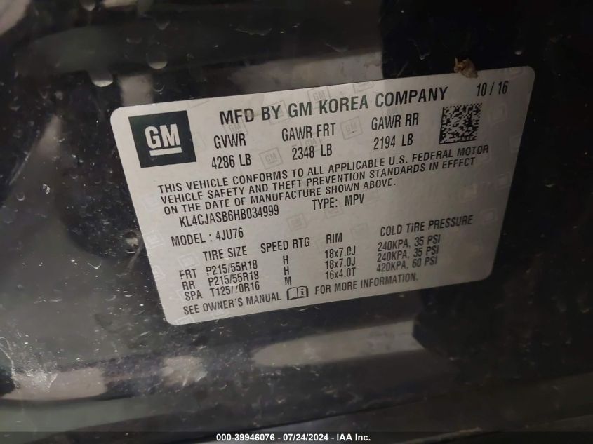 2017 Buick Encore Preferred VIN: KL4CJASB6HB034999 Lot: 39946076