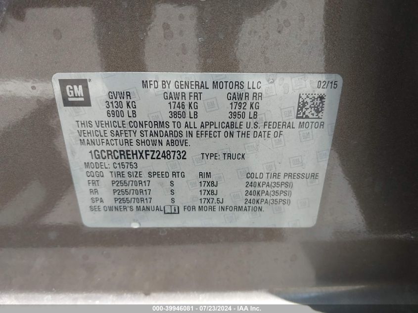 2015 Chevrolet Silverado 1500 1Lt VIN: 1GCRCREHXFZ248732 Lot: 39946081