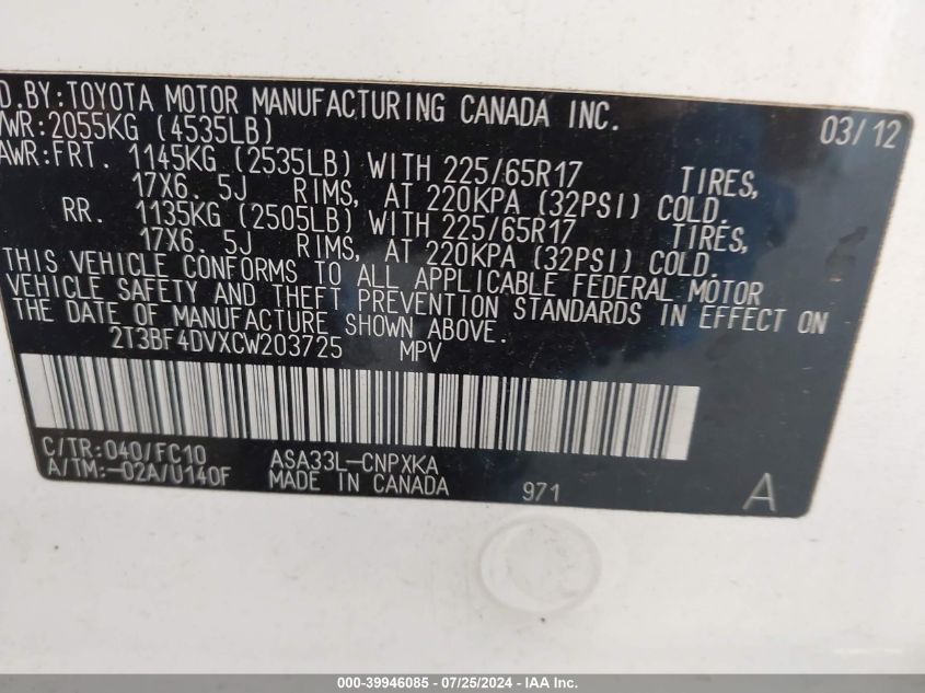 2012 Toyota Rav4 VIN: 2T3BF4DVXCW203725 Lot: 39946085