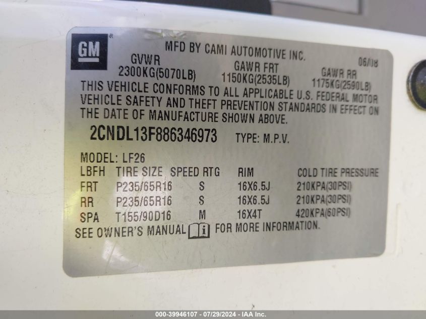 2008 Chevrolet Equinox Ls VIN: 2CNDL13F886346973 Lot: 39946107