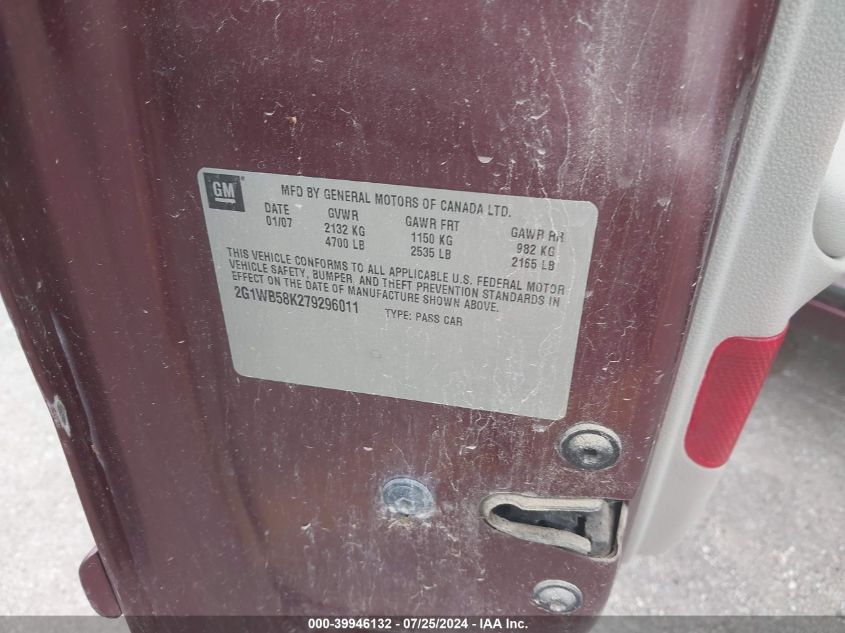 2007 Chevrolet Impala Ls VIN: 2G1WB58K279296011 Lot: 39946132