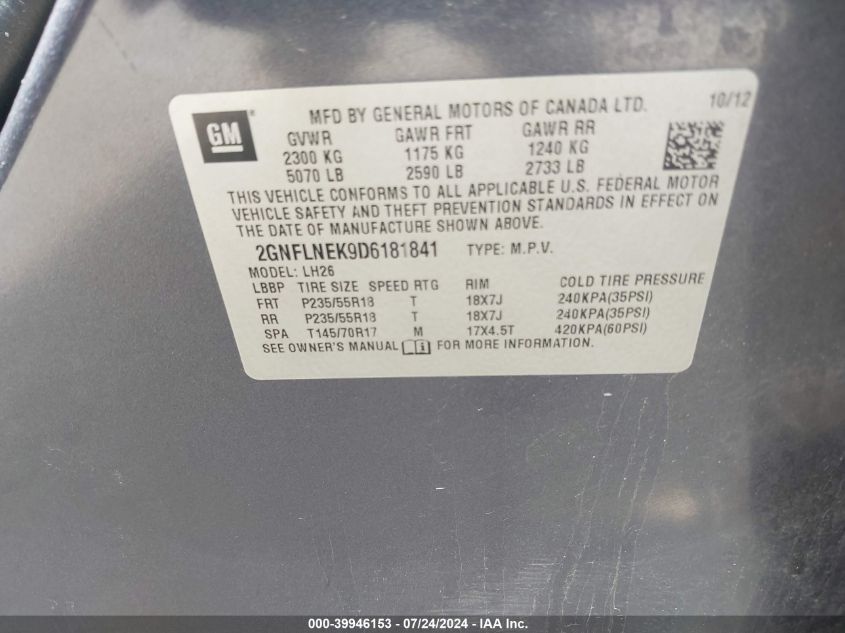 2013 CHEVROLET EQUINOX 2LT - 2GNFLNEK9D6181841