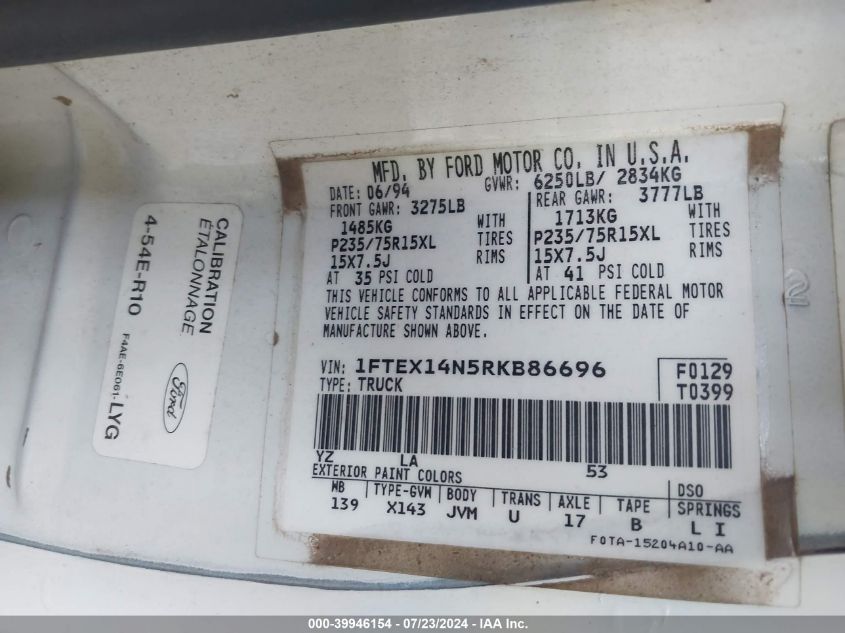 1994 Ford F150 VIN: 1FTEX14N5RKB86696 Lot: 39946154