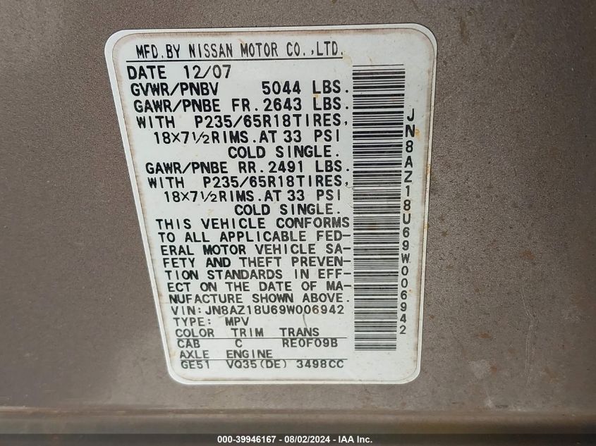 2009 Nissan Murano S VIN: JN8AZ18U69W006942 Lot: 39946167