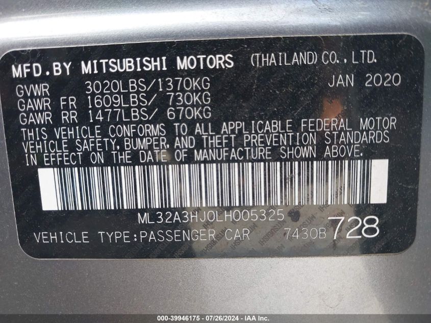 2020 Mitsubishi Mirage Se VIN: ML32A3HJ0LH005325 Lot: 39946175