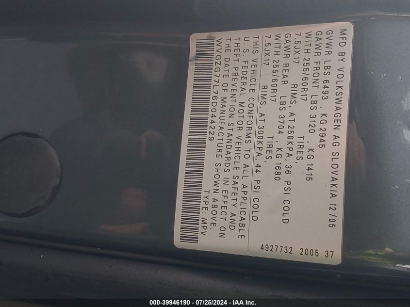 2006 Volkswagen Touareg 3.2 VIN: WVGZG77L76D044229 Lot: 39946190