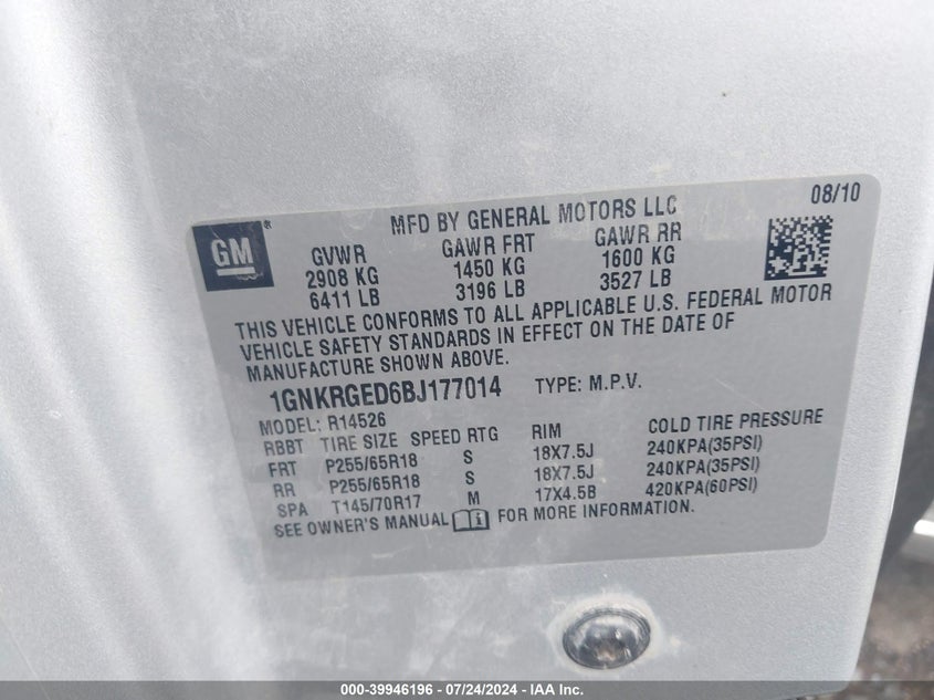 2011 Chevrolet Traverse 1Lt VIN: 1GNKRGED6BJ177014 Lot: 39946196