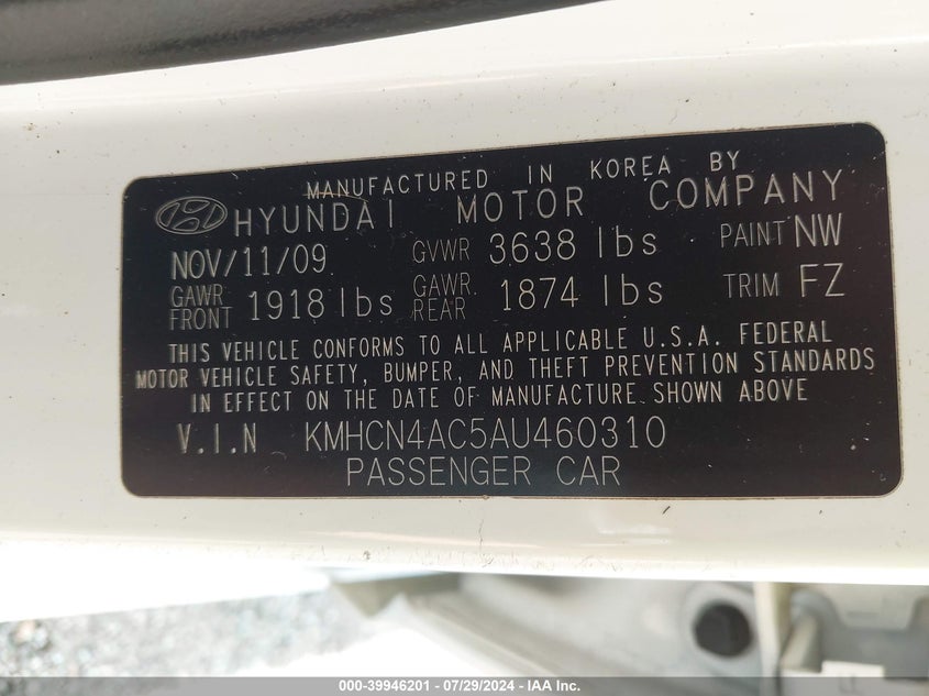 2010 Hyundai Accent Gls VIN: KMHCN4AC5AU460310 Lot: 39946201