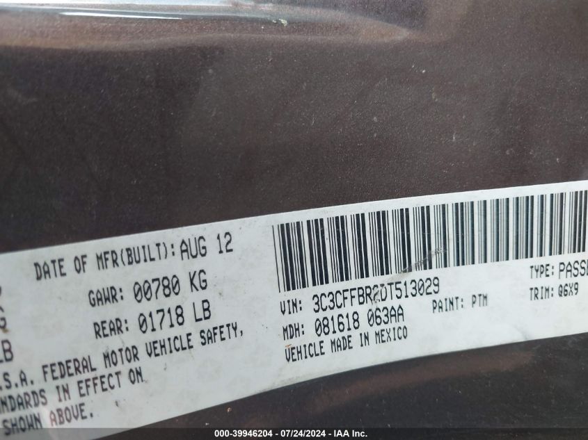 2013 Fiat 500 Sport VIN: 3C3CFFBR2DT513029 Lot: 39946204