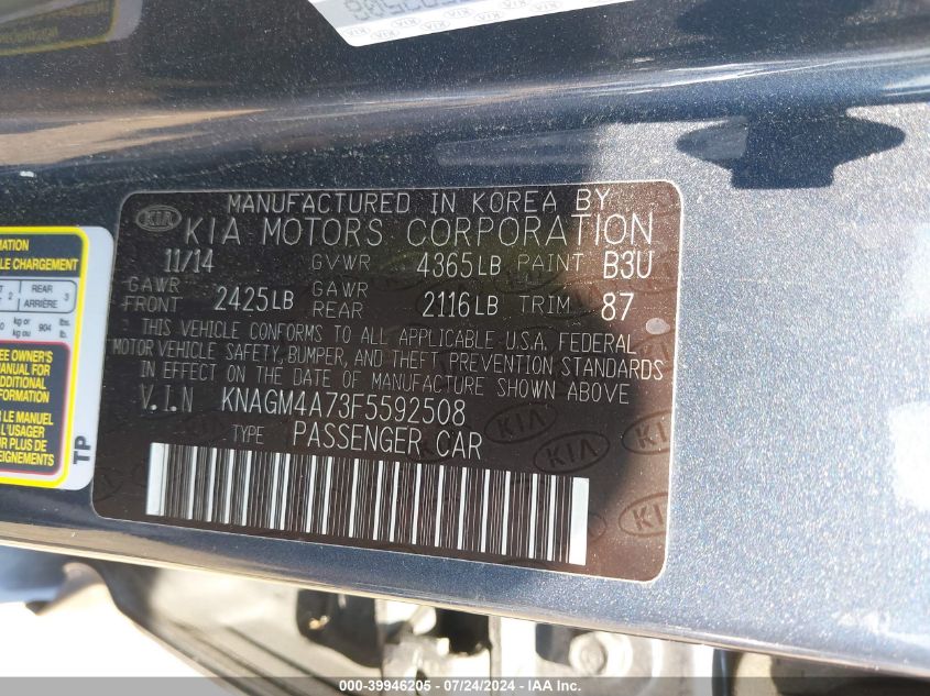 2015 Kia Optima Lx VIN: KNAGM4A73F5592508 Lot: 39946205