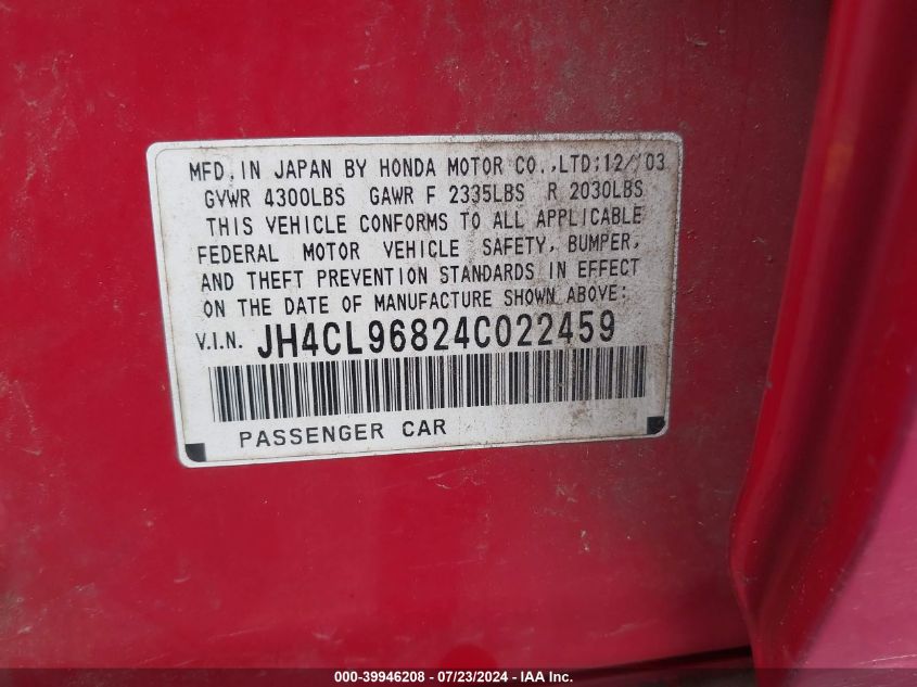 2004 Acura Tsx VIN: JH4CL96824C022459 Lot: 39946208