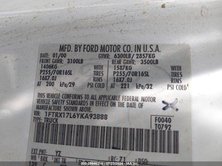 2000 Ford F-150 Lariat/Work Series/Xl/Xlt VIN: 1FTRX17L6YKA93888 Lot: 39946216