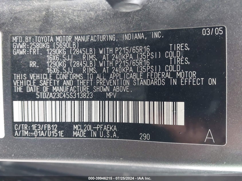 2005 Toyota Sienna Ce/Le VIN: 5TDZA23C45S313823 Lot: 39946215