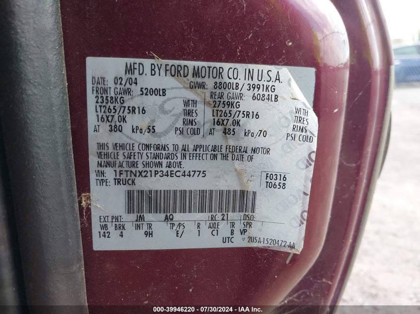 2004 Ford F-250 Lariat/Xl/Xlt VIN: 1FTNX21P34EC44775 Lot: 39946220