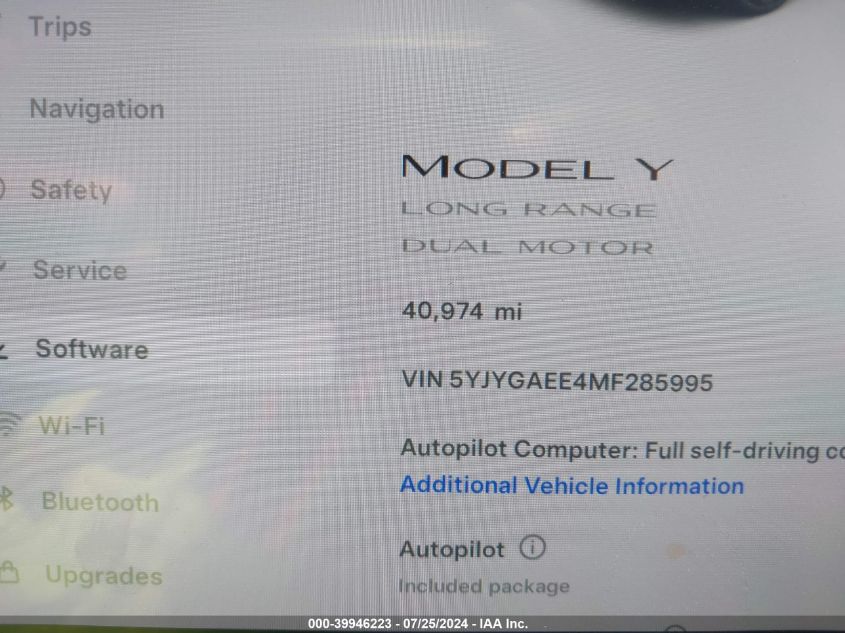 2021 Tesla Model Y Long Range Dual Motor All-Wheel Drive VIN: 5YJYGAEE4MF285995 Lot: 39946223