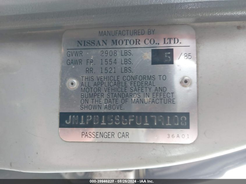 1985 Nissan Sentra VIN: JN1PB15S6FU179108 Lot: 39946227