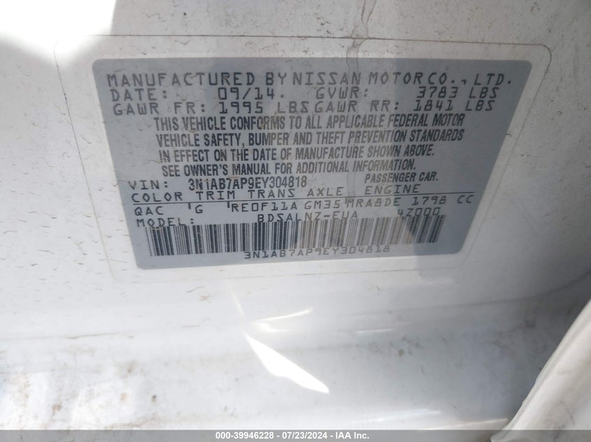 2014 Nissan Sentra Fe+ Sv VIN: 3N1AB7AP9EY304818 Lot: 39946228