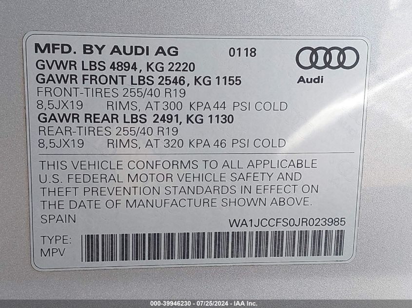 2018 Audi Q3 Premium Plus VIN: WA1JCCFS0JR023985 Lot: 39946230