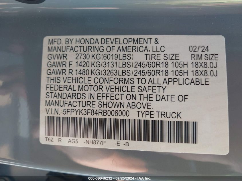 2024 Honda Ridgeline Black Edition VIN: 5FPYK3F84RB006000 Lot: 39946232