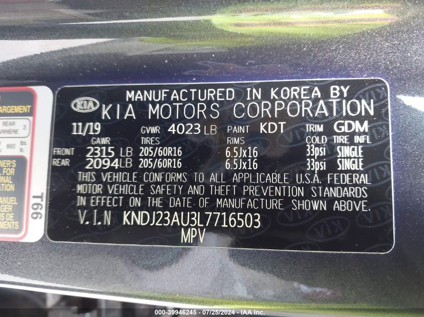 KNDJ23AU3L7716503 2020 Kia Soul S