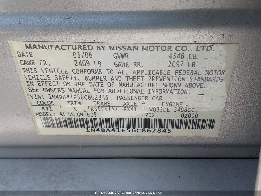 2006 Nissan Maxima 3.5 Sl VIN: 1N4BA41E56C862845 Lot: 39946257