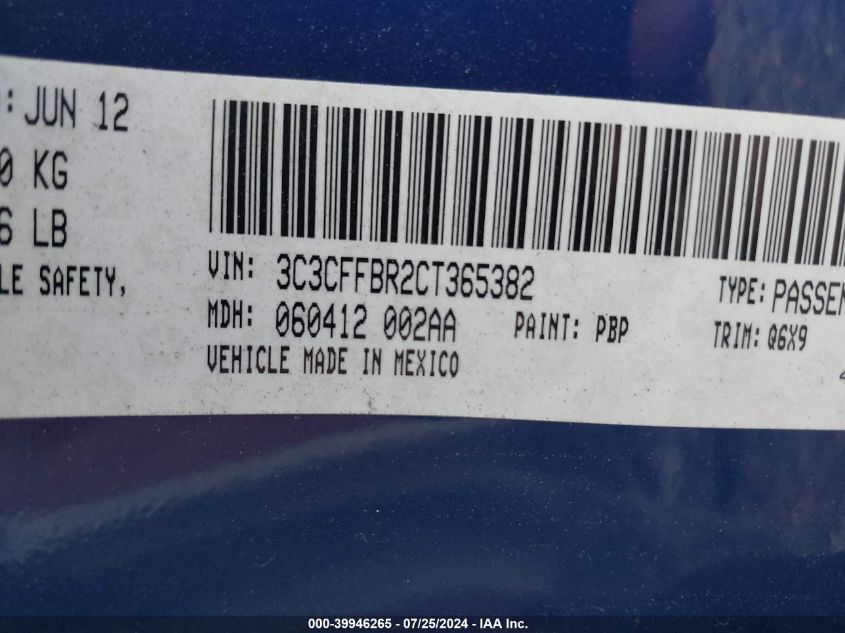 2012 Fiat 500 Sport VIN: 3C3CFFBR2CT365382 Lot: 39946265