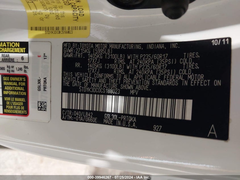 2012 Toyota Sienna Xle/Limited VIN: 5TDYK3DC0CS188023 Lot: 39946267