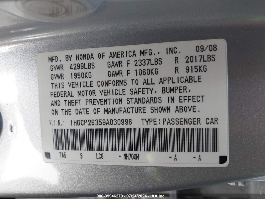 2009 Honda Accord 2.4 Lx VIN: 1HGCP26359A030996 Lot: 39946270