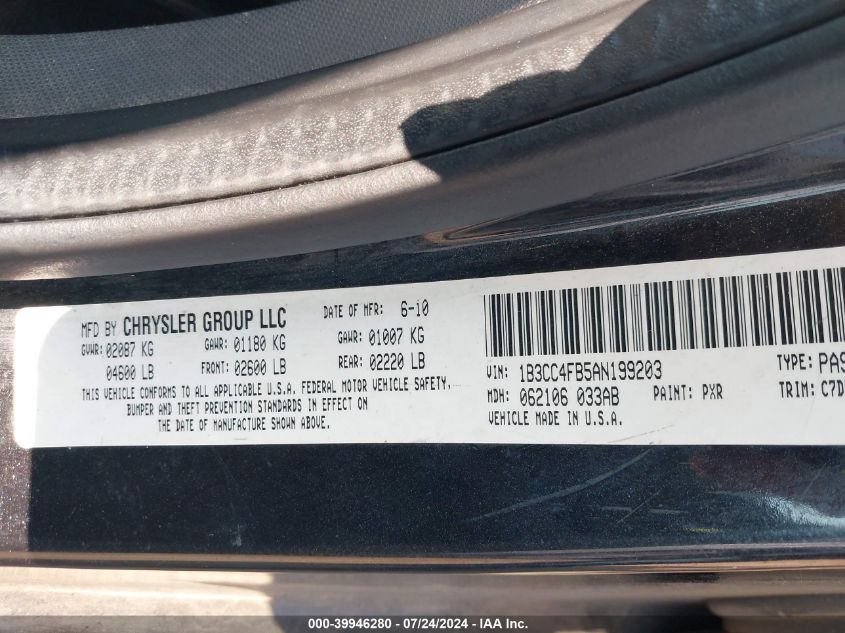 2010 Dodge Avenger Sxt VIN: 1B3CC4FB5AN199203 Lot: 39946280