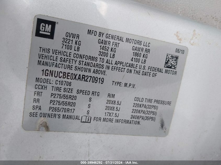 2010 Chevrolet Tahoe Lt VIN: 1GNUCBE0XAR270919 Lot: 39946292