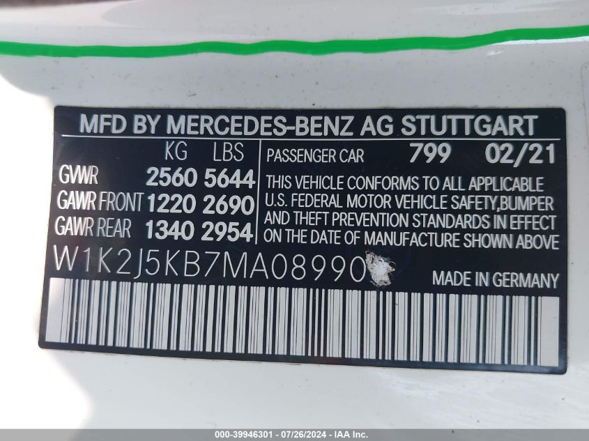 W1K2J5KB7MA089900 2021 Mercedes-Benz Cls 450 4Matic