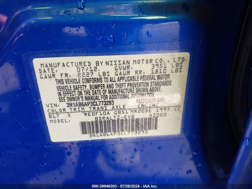 2012 Nissan Sentra 2.0 Sr VIN: 3N1AB6AP3CL773293 Lot: 39946303
