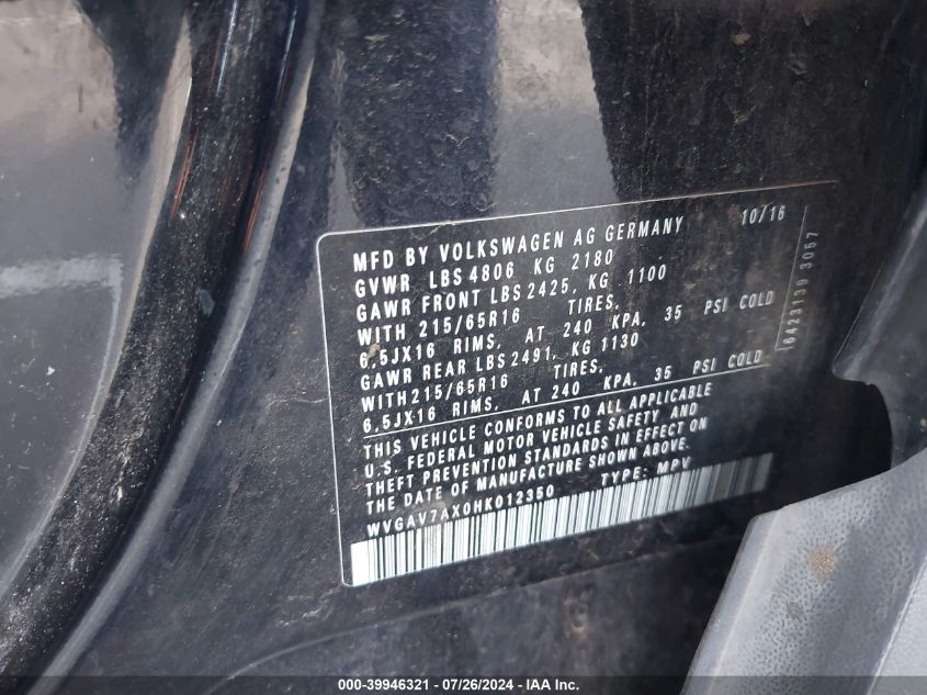 2017 Volkswagen Tiguan 2.0T/2.0T S VIN: WVGAV7AX0HK012350 Lot: 39946321
