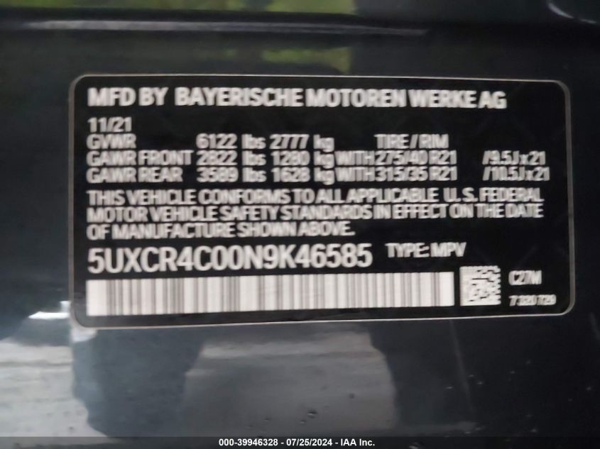 2022 BMW X5 Sdrive40I VIN: 5UXCR4C00N9K46585 Lot: 39946328