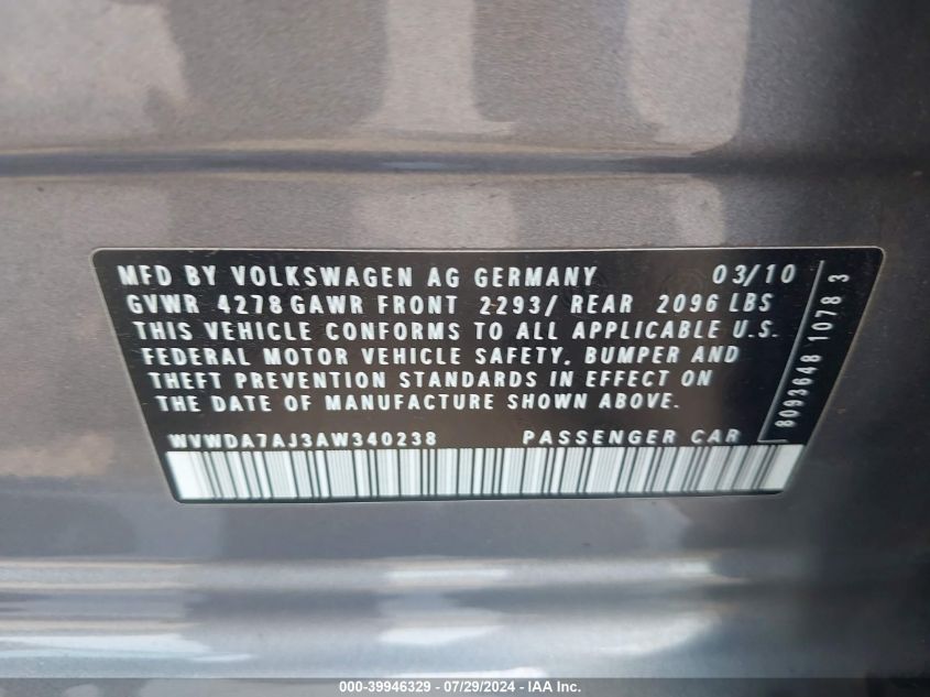 2010 Volkswagen Golf 4-Door VIN: WVWDA7AJ3AW340238 Lot: 39946329