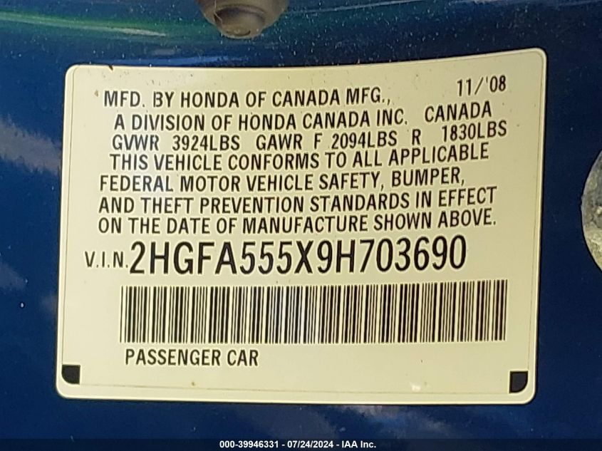 2HGFA555X9H703690 | 2009 HONDA CIVIC