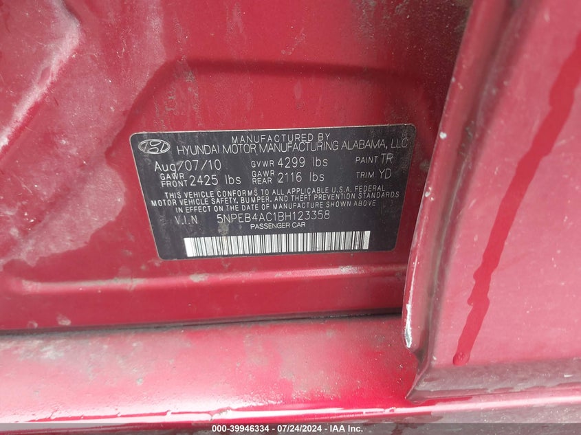 2011 Hyundai Sonata Gls VIN: 5NPEB4AC1BH123358 Lot: 39946334