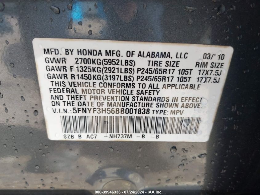 2011 Honda Pilot Ex-L VIN: 5FNYF3H56BB001838 Lot: 39946335