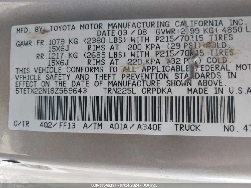 2008 Toyota Tacoma Access Cab VIN: 5TETX22N18Z569643 Lot: 39946357